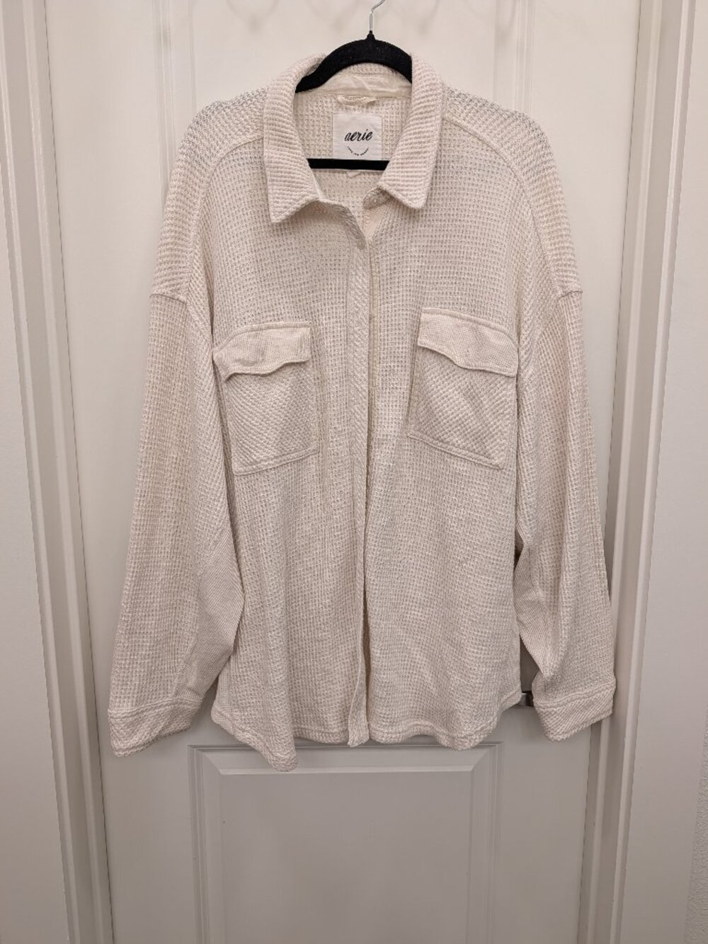 Aerie Waffle Knit Button Down Shirt Oversized Shacket Cream XXL